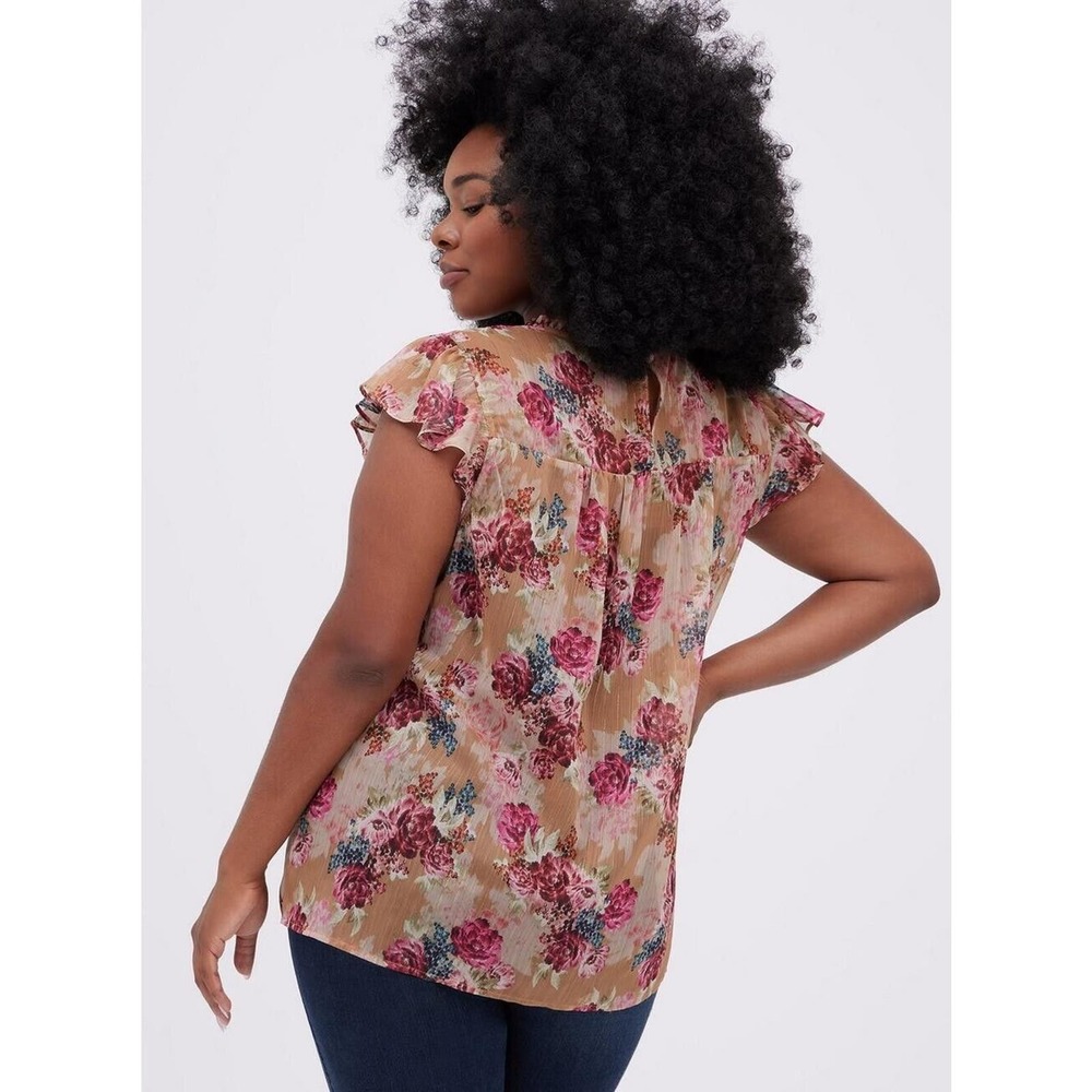 Torrid Size 4 Crinkle Chiffon Flutter Sleeve Sheer Blouse Floral Flowers - Picture 4 of 8